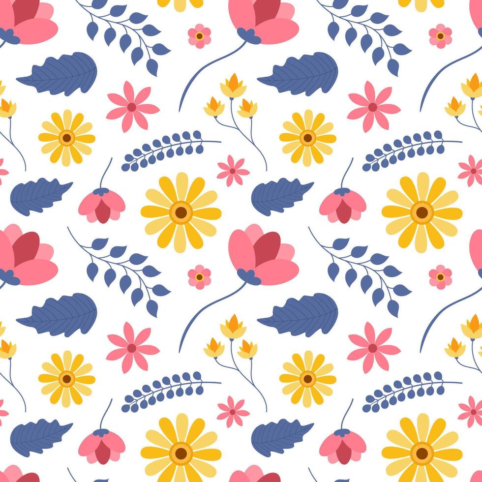 Floral Seamless Pattern Design Illustration with Blooming Branches and Leaf Flower in Hand-Drawn Cartoon Style Template vector