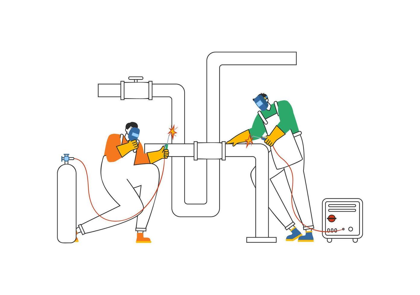 Welding Service Illustration featuring a Professional Welder Working on Metal Structures, Pipes, and Steel Constructions in a Flat Background vector