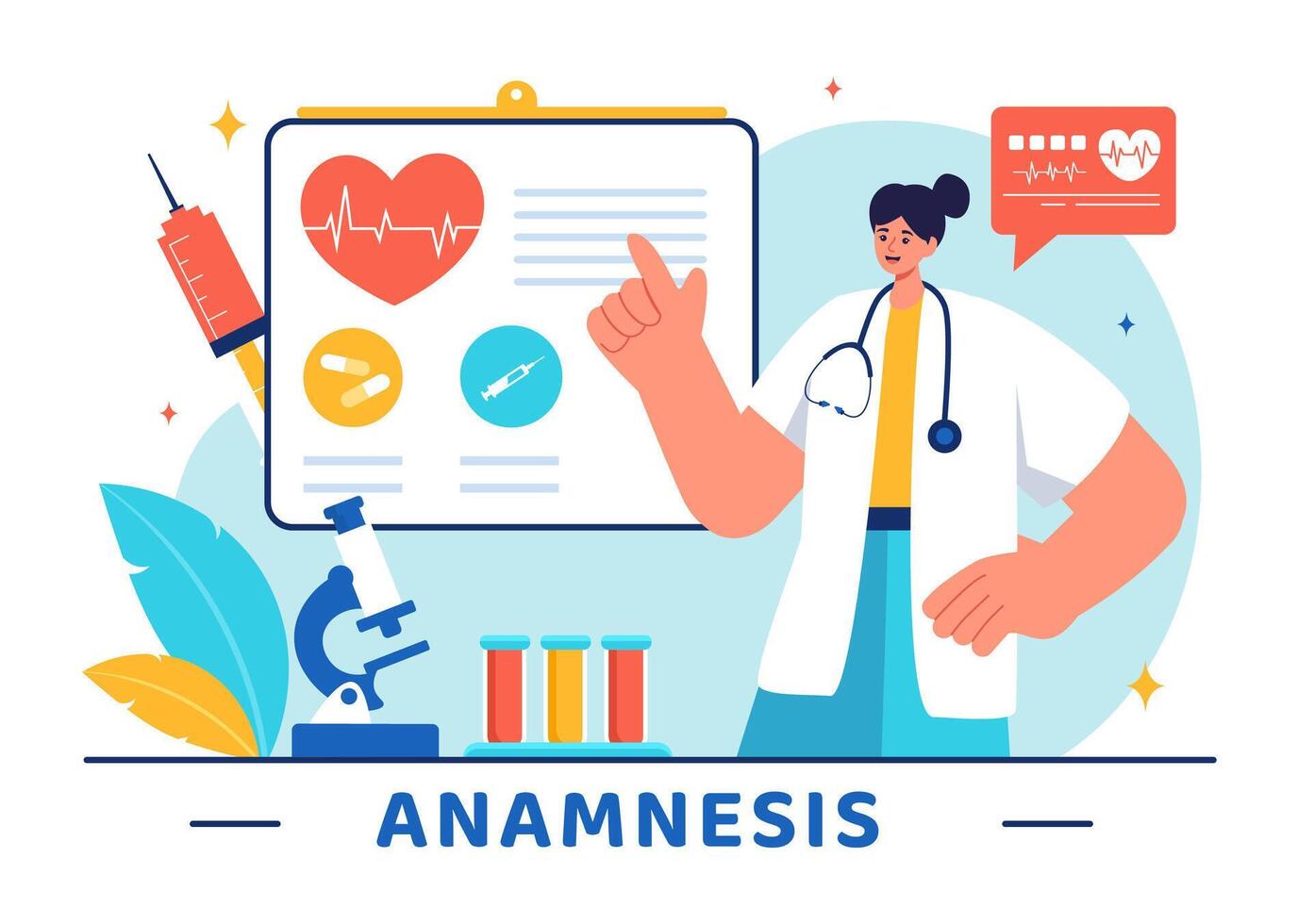 Illustration of an Anamnesis System Providing Information About Diseases and Healthcare Databases in a Flat Style Cartoon Background vector