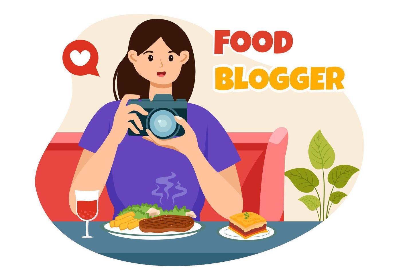 Food Blogger Illustration featuring Influencer Reviewing and Sharing on the Blog at a Restaurant in Flat Style Cartoon Background vector