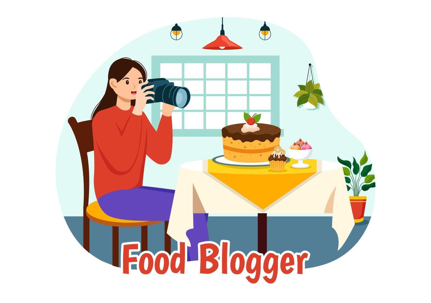 Food Blogger Illustration featuring Influencer Reviewing and Sharing on the Blog at a Restaurant in Flat Style Cartoon Background vector