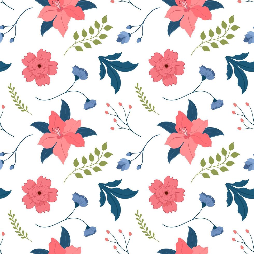 Floral Seamless Pattern Design Illustration with Blooming Branches and Leaf Flower in Hand-Drawn Cartoon Style Template vector