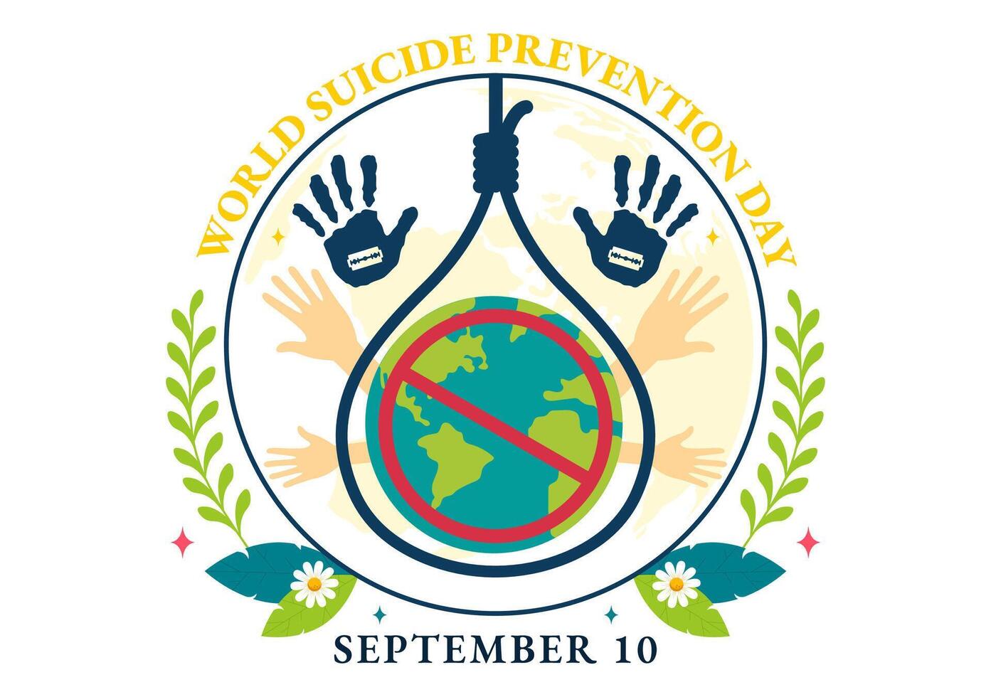 World Suicide Prevention Day Illustration on September 10 with a Hanging Rope and Hands to Prevent Suicides in a Flat Cartoon Background vector
