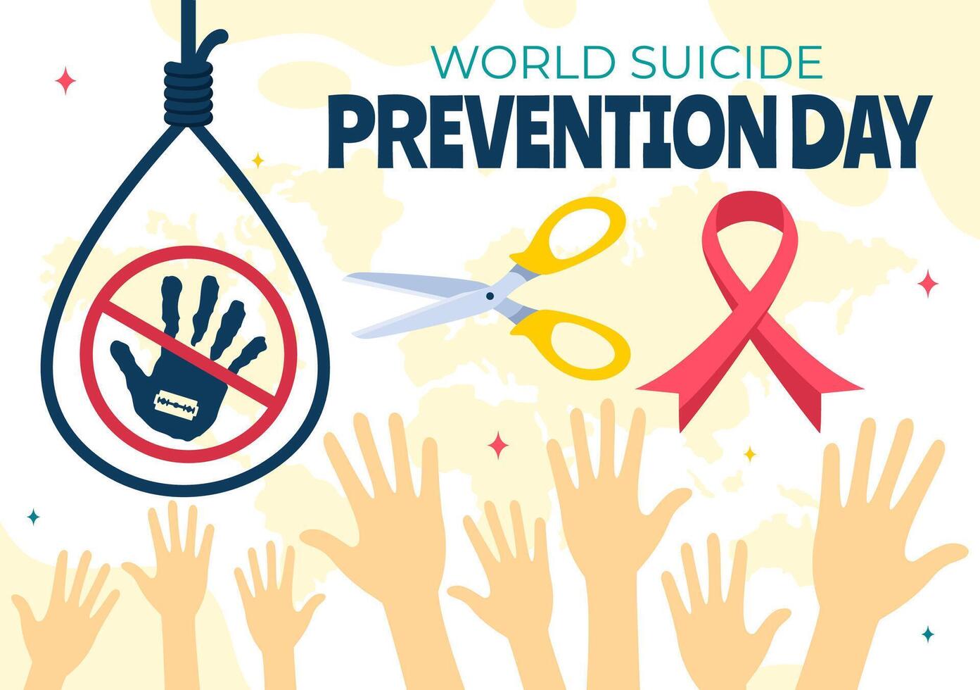 World Suicide Prevention Day Illustration on September 10 with a Hanging Rope and Hands to Prevent Suicides in a Flat Cartoon Background vector