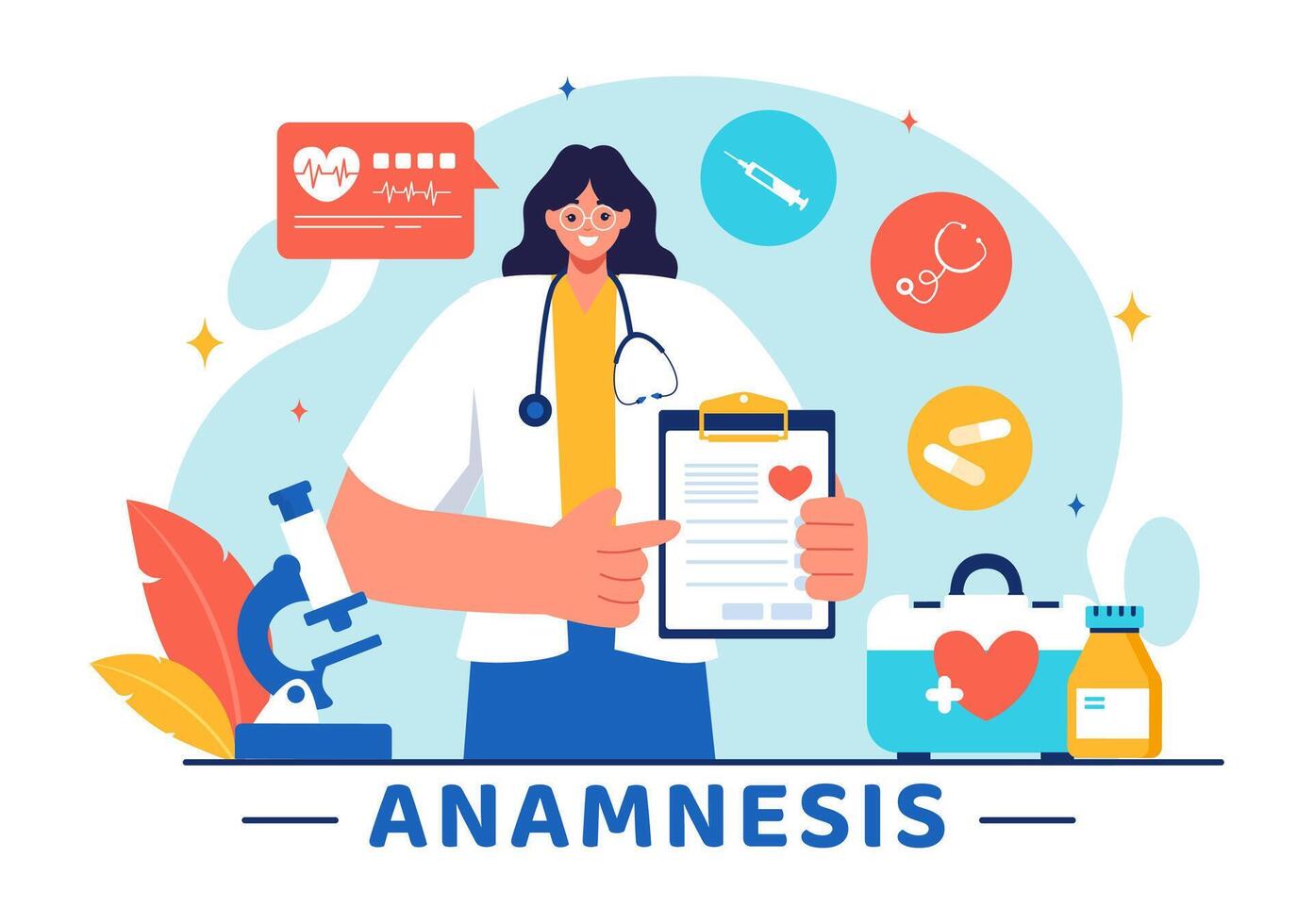 Illustration of an Anamnesis System Providing Information About Diseases and Healthcare Databases in a Flat Style Cartoon Background vector