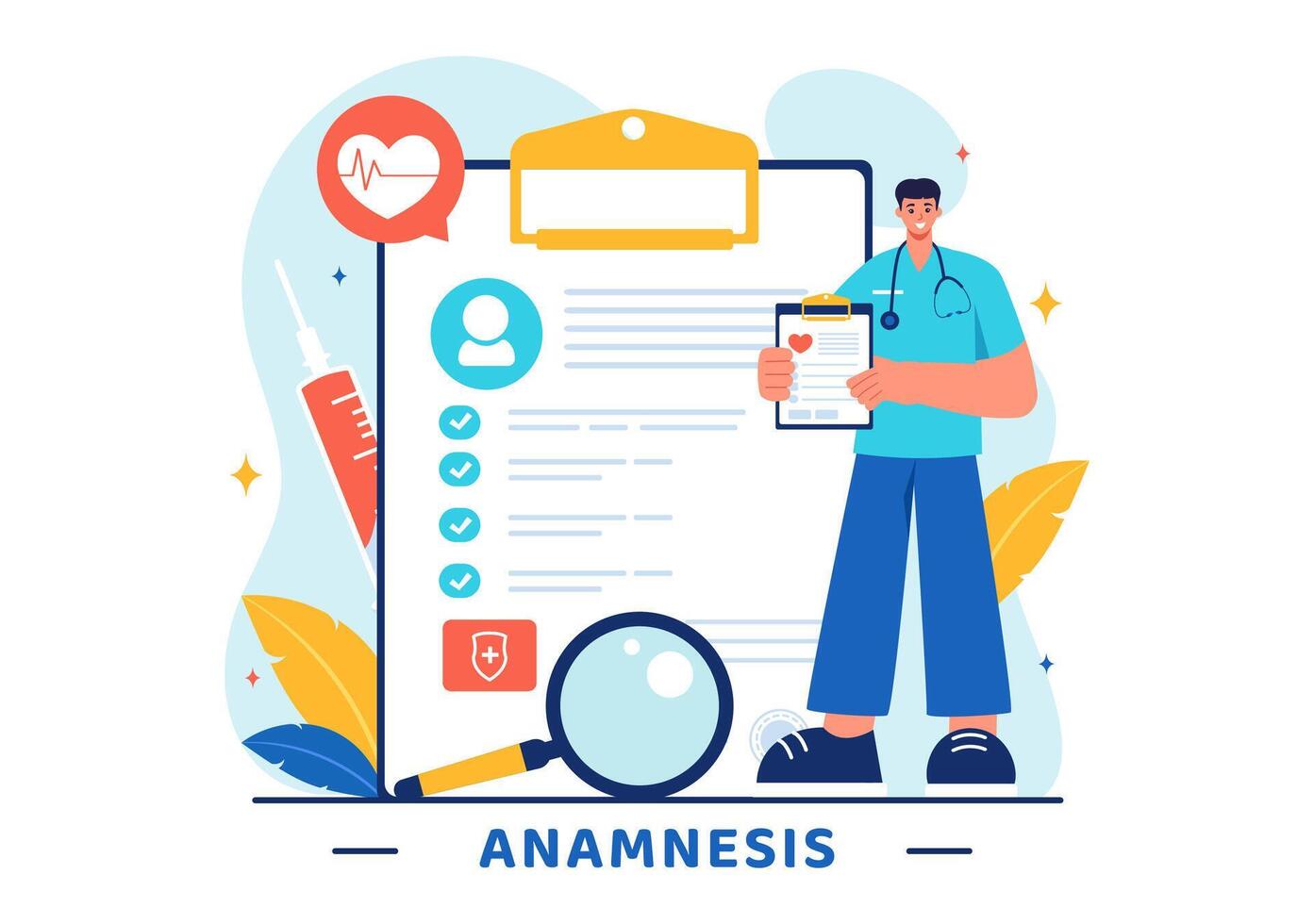 Illustration of an Anamnesis System Providing Information About Diseases and Healthcare Databases in a Flat Style Cartoon Background vector