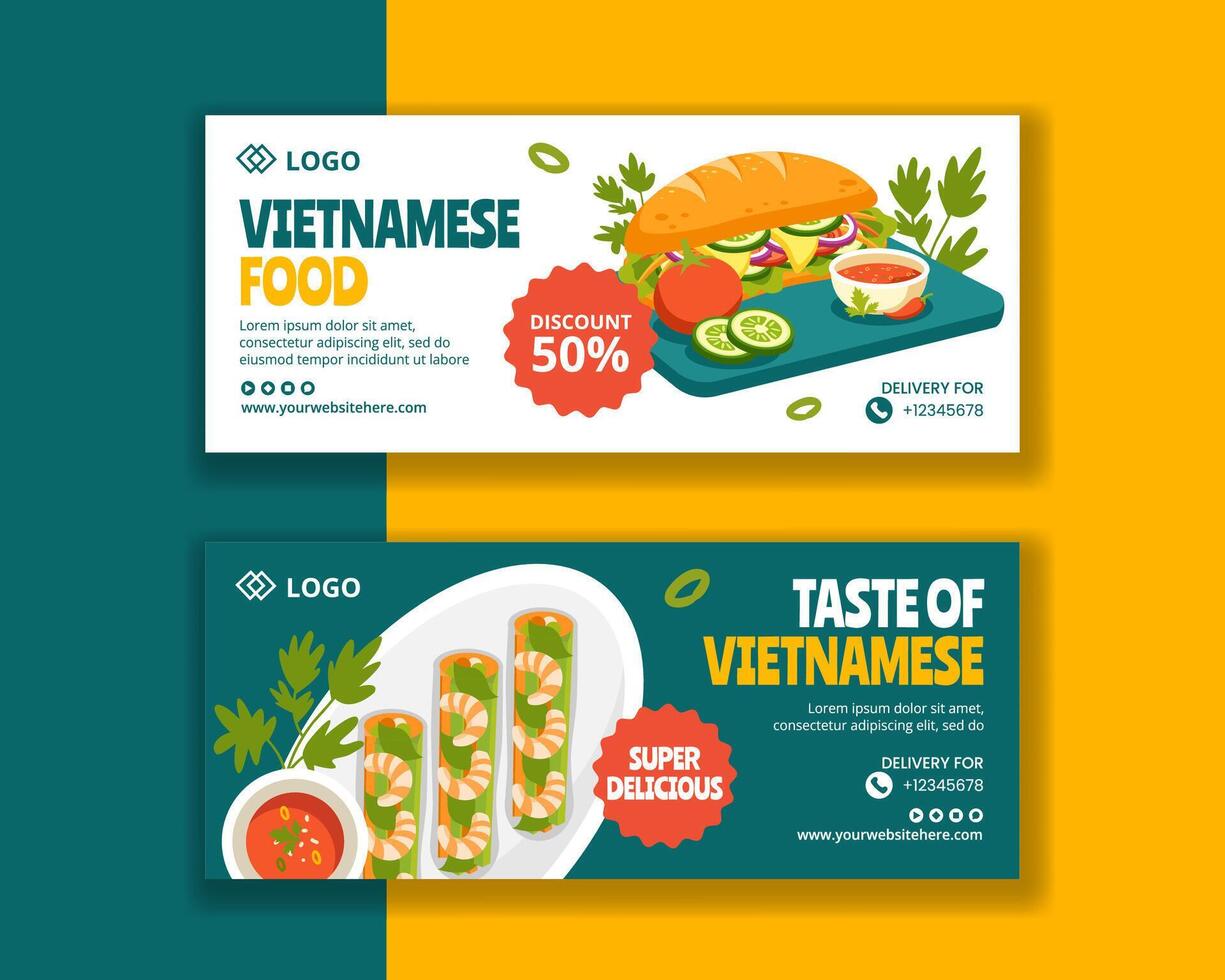 Vietnamese Food Horizontal Banner Flat Cartoon Hand Drawn Templates Background Illustration vector