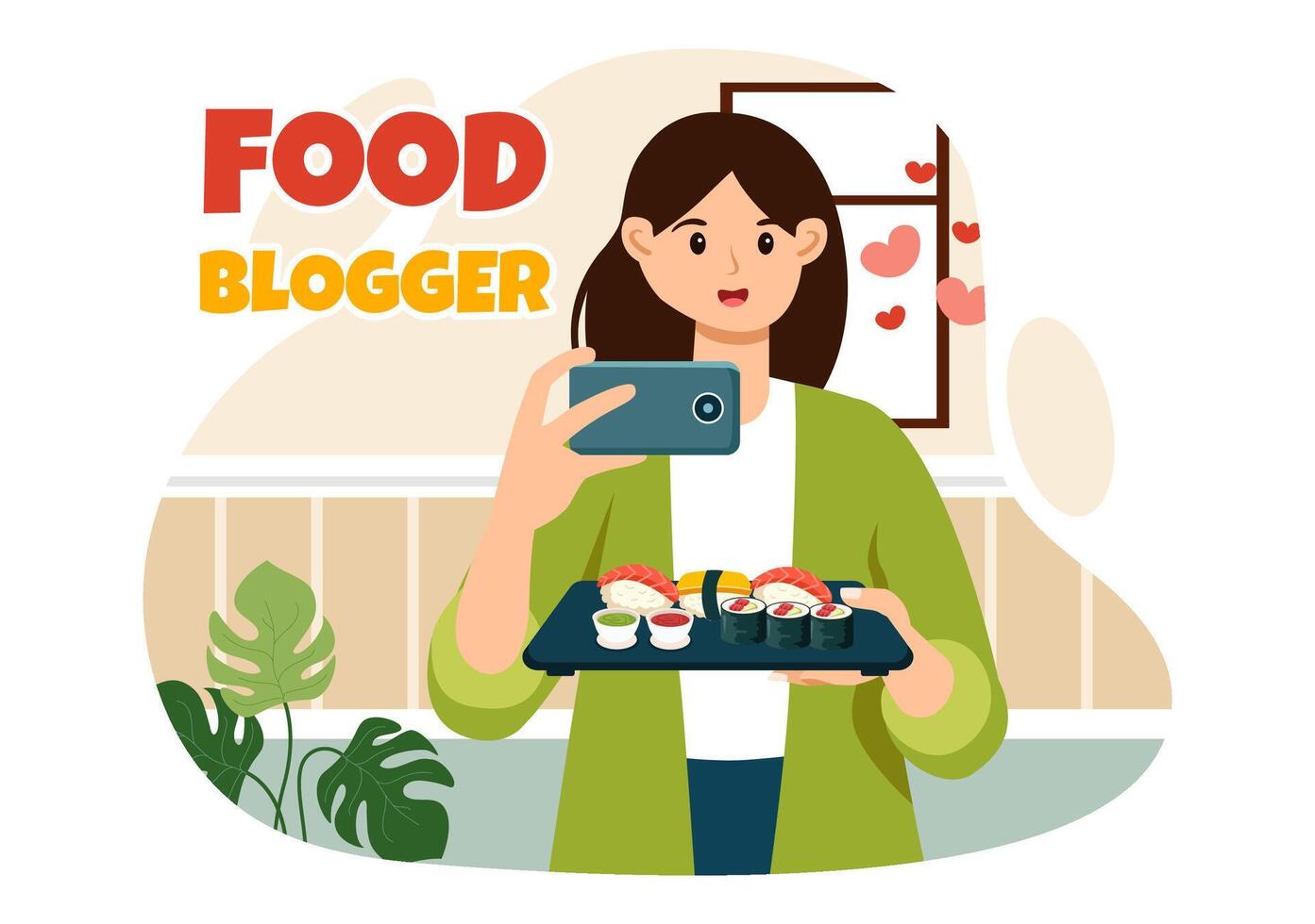 Food Blogger Illustration featuring Influencer Reviewing and Sharing on the Blog at a Restaurant in Flat Style Cartoon Background vector