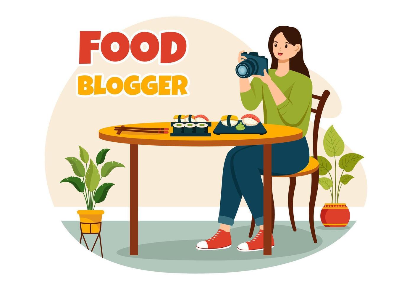 Food Blogger Illustration featuring Influencer Reviewing and Sharing on the Blog at a Restaurant in Flat Style Cartoon Background vector