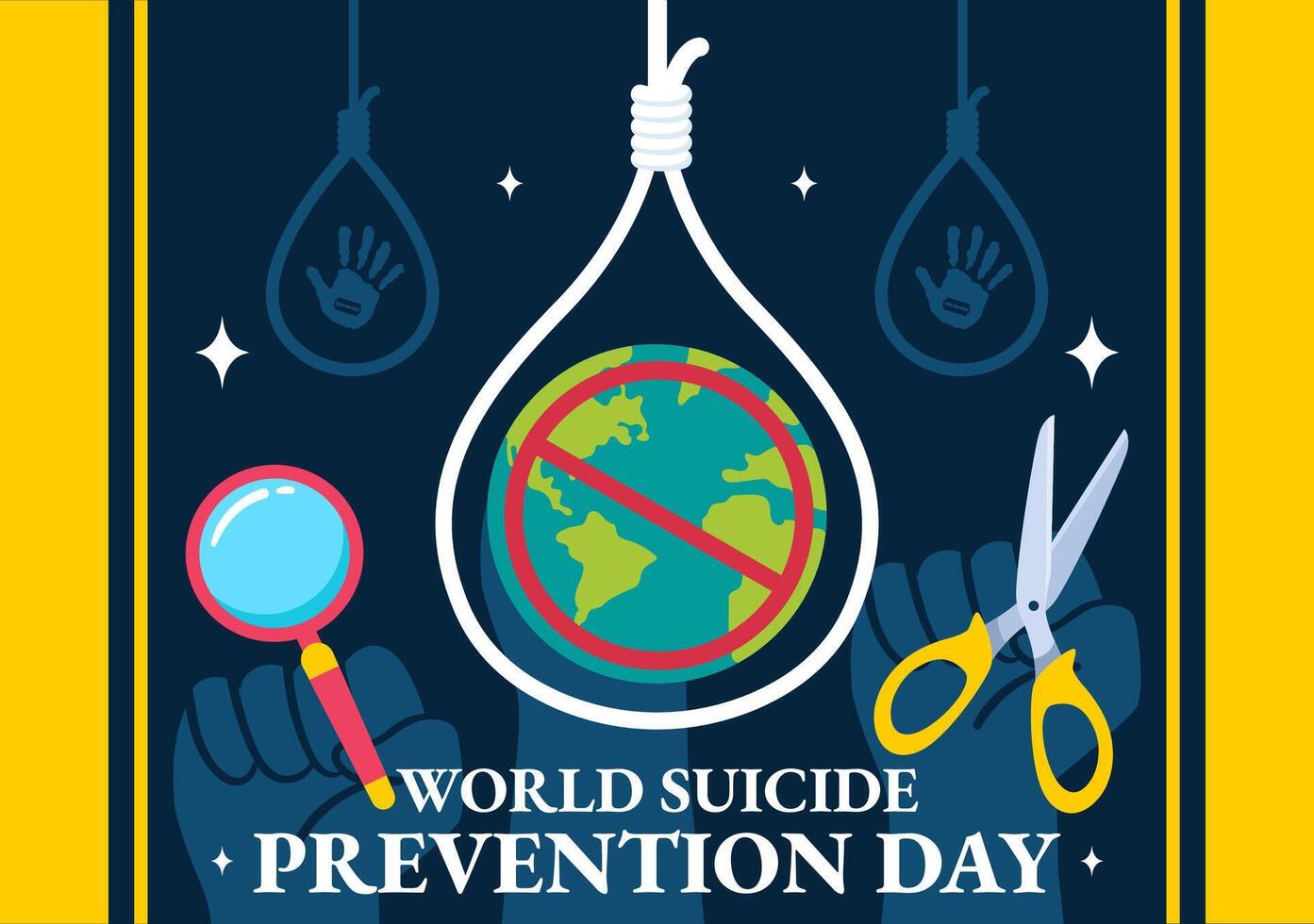 World Suicide Prevention Day Illustration on September 10 with a Hanging Rope and Hands to Prevent Suicides in a Flat Cartoon Background vector