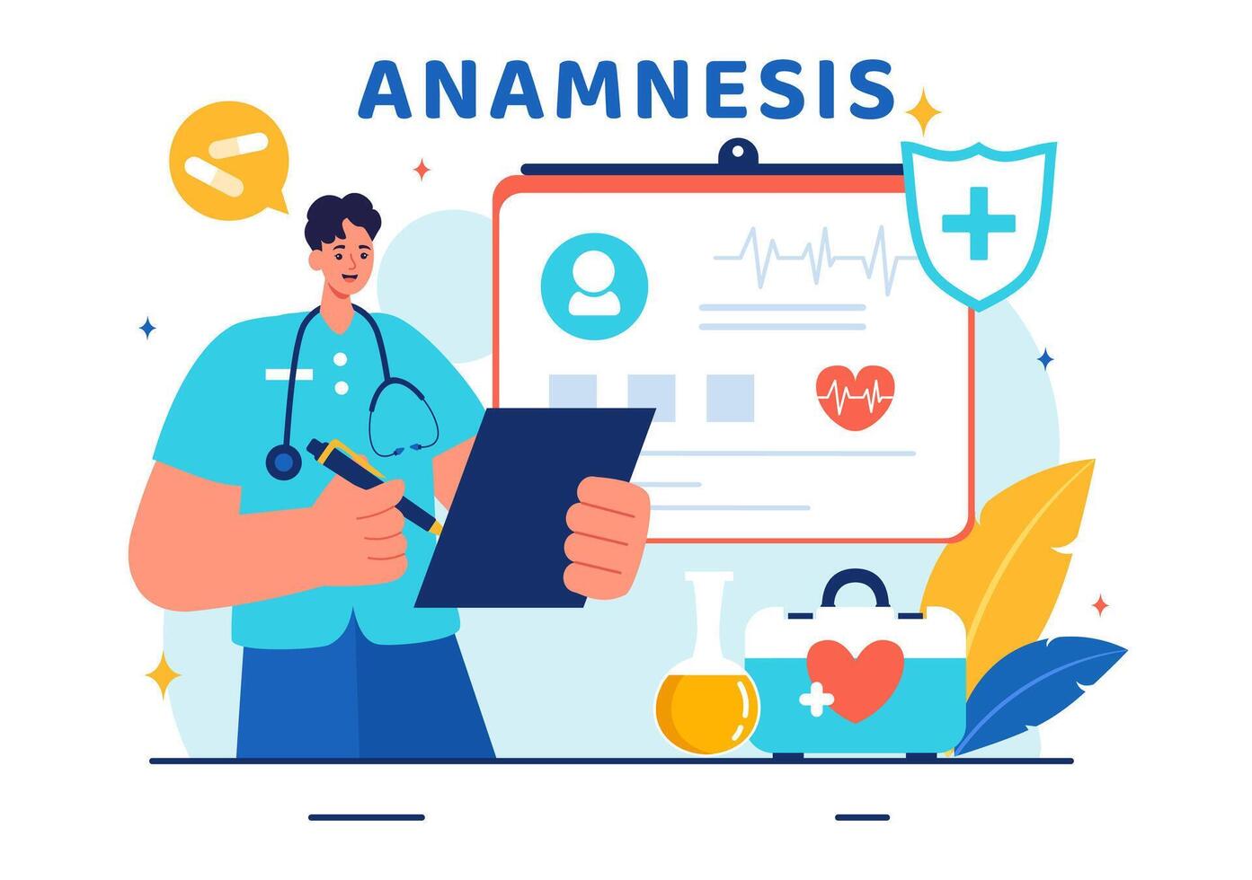 Illustration of an Anamnesis System Providing Information About Diseases and Healthcare Databases in a Flat Style Cartoon Background vector