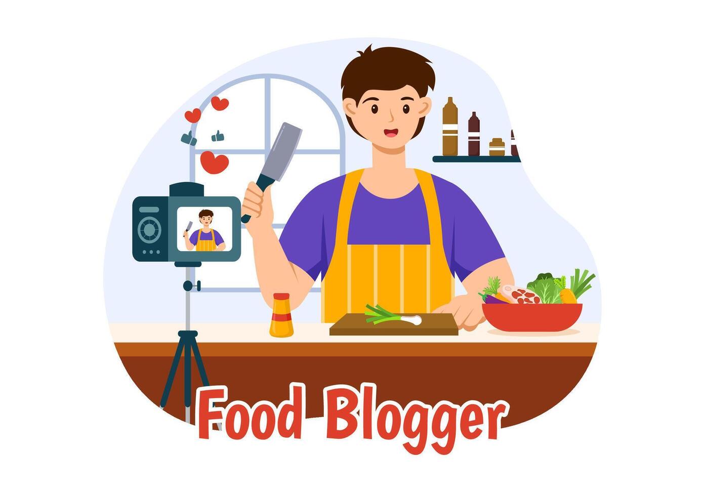 Food Blogger Illustration featuring Influencer Reviewing and Sharing on the Blog at a Restaurant in Flat Style Cartoon Background vector