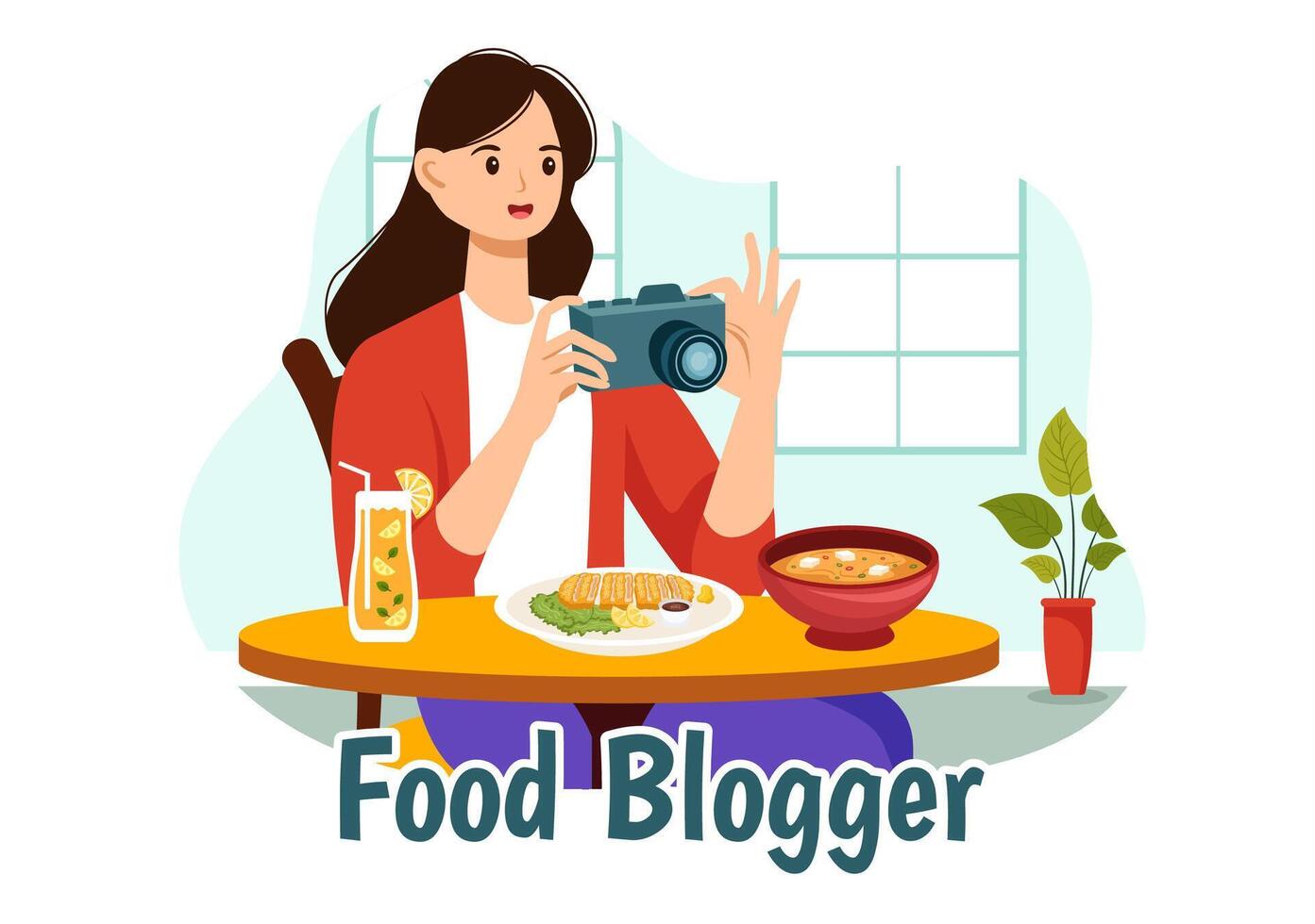 Food Blogger Illustration featuring Influencer Reviewing and Sharing on the Blog at a Restaurant in Flat Style Cartoon Background vector