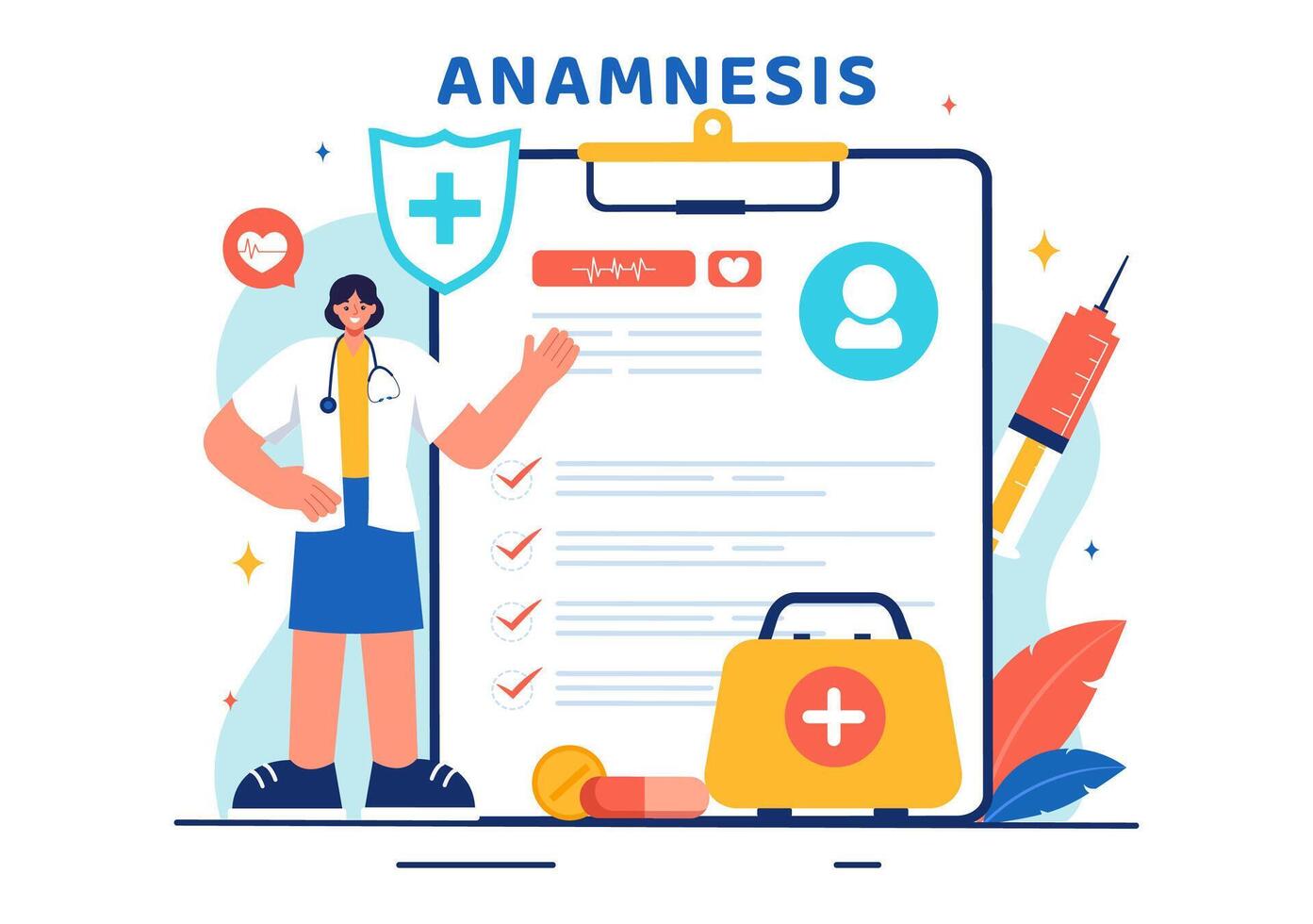 Illustration of an Anamnesis System Providing Information About Diseases and Healthcare Databases in a Flat Style Cartoon Background vector
