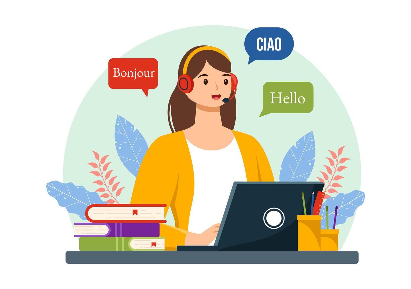 Translator Service Illustration with Language Translation for Various Countries and Multilanguage Using Dictionary in a Flat Cartoon Background vector