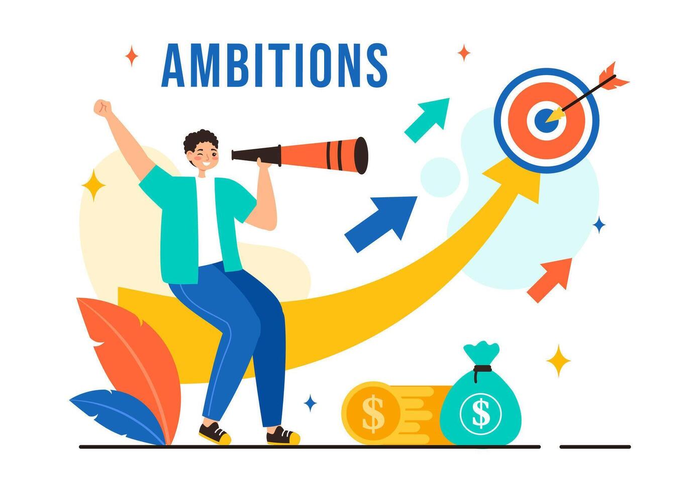 Ambition Illustration with Entrepreneur Climbing the Ladder to Success and Career Development on a Flat Cartoon Business Plan Background vector
