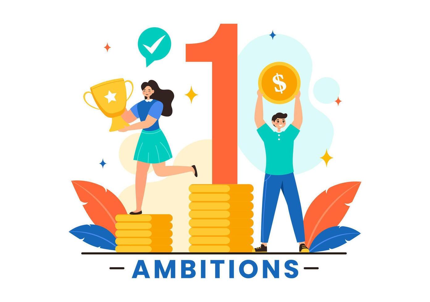 Ambition Illustration with Entrepreneur Climbing the Ladder to Success and Career Development on a Flat Cartoon Business Plan Background vector
