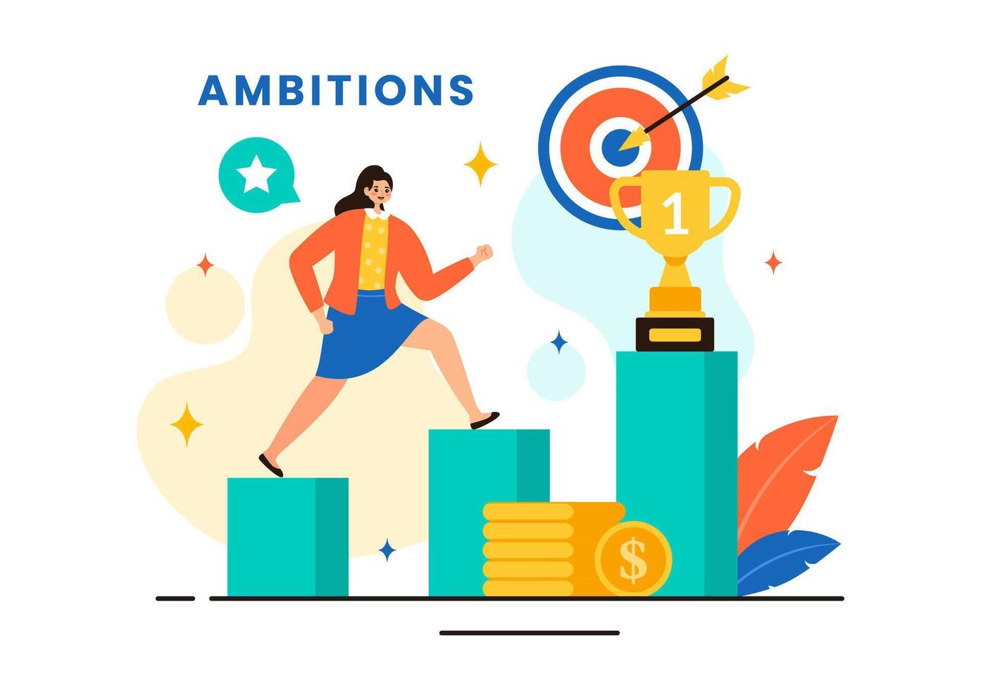 Ambition Illustration with Entrepreneur Climbing the Ladder to Success and Career Development on a Flat Cartoon Business Plan Background vector
