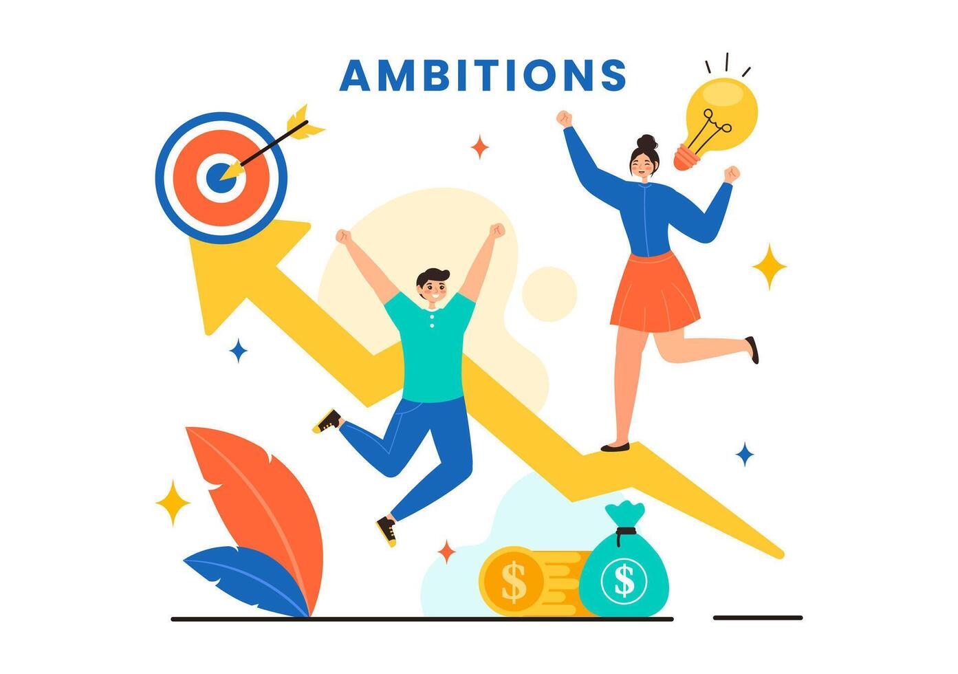 Ambition Illustration with Entrepreneur Climbing the Ladder to Success and Career Development on a Flat Cartoon Business Plan Background vector