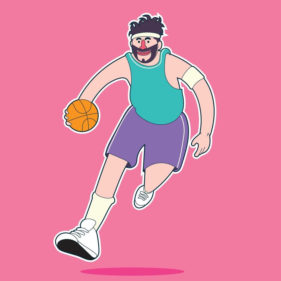 a cartoon a man plays basketball happily. stickers and more. vector