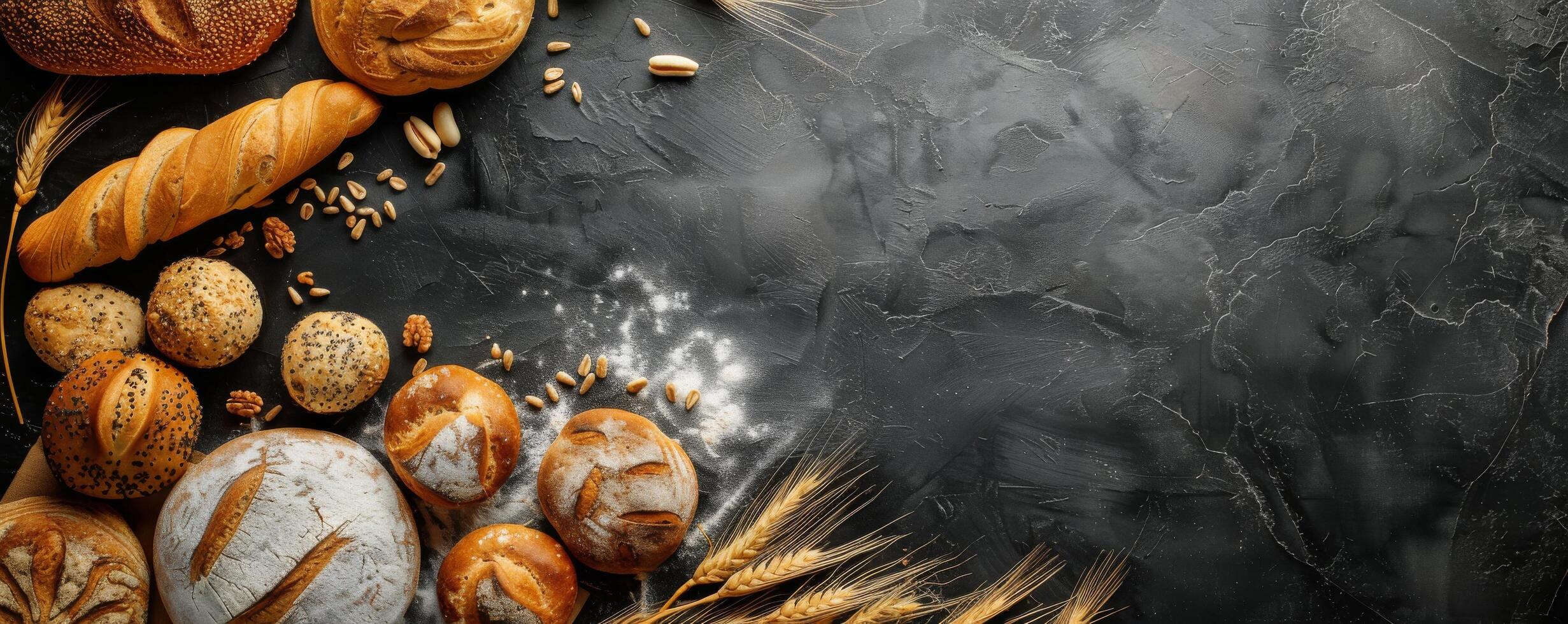Freshly Baked Bread, Pastries, and Eggs on a Dark Tabletop photo