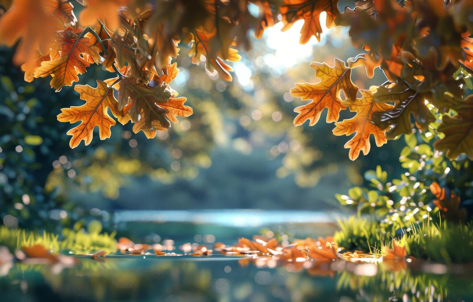 Autumn Leaves Falling on a Calm River in the Sunlight photo