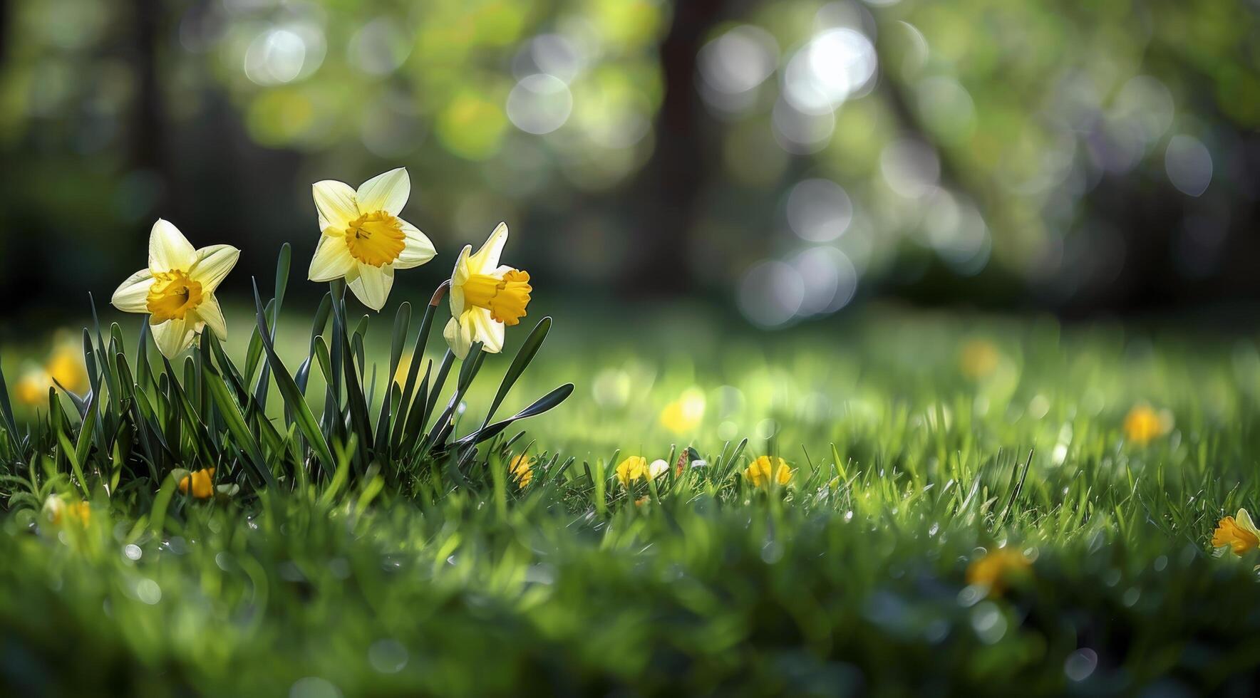 Yellow Daffodils Blooming in a Lush Spring Garden photo