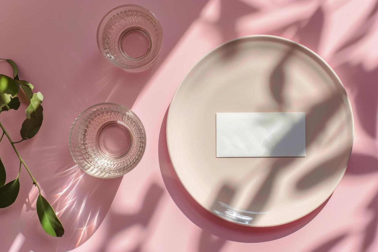 White Card Mockup With Glass of Water on Pink Background With Sunlight photo