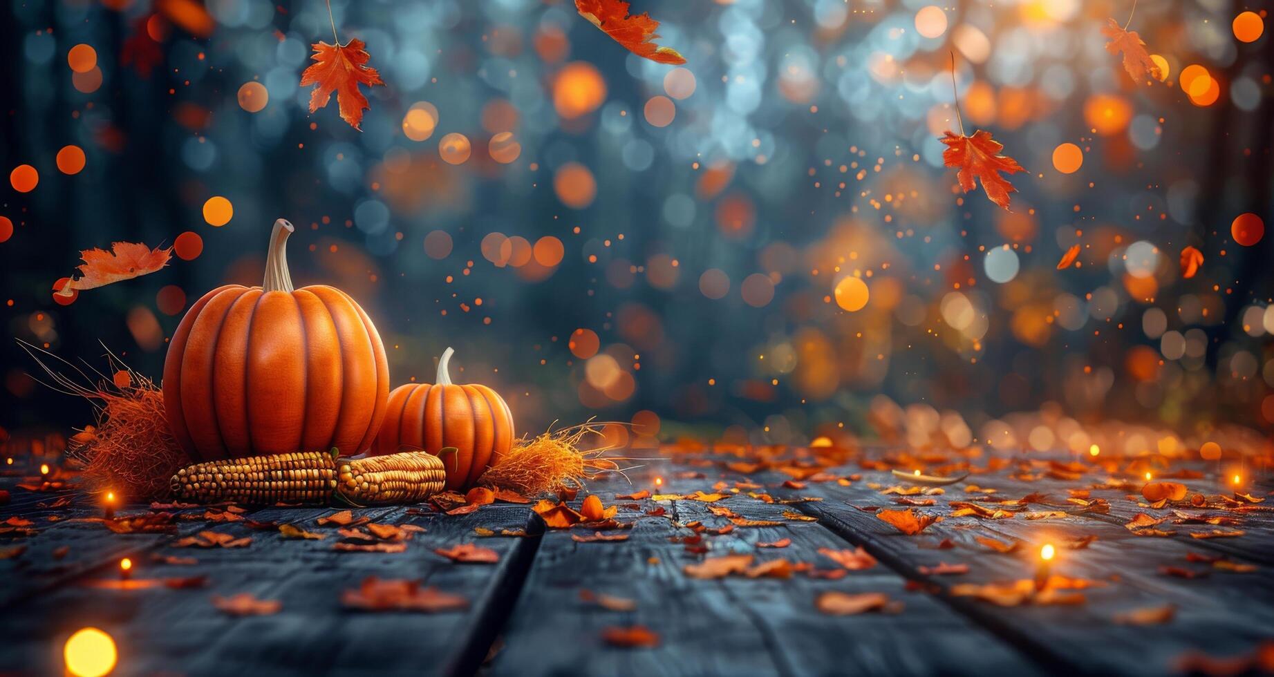 Autumnal Scene With Pumpkins and Falling Leaves on Wooden Table photo