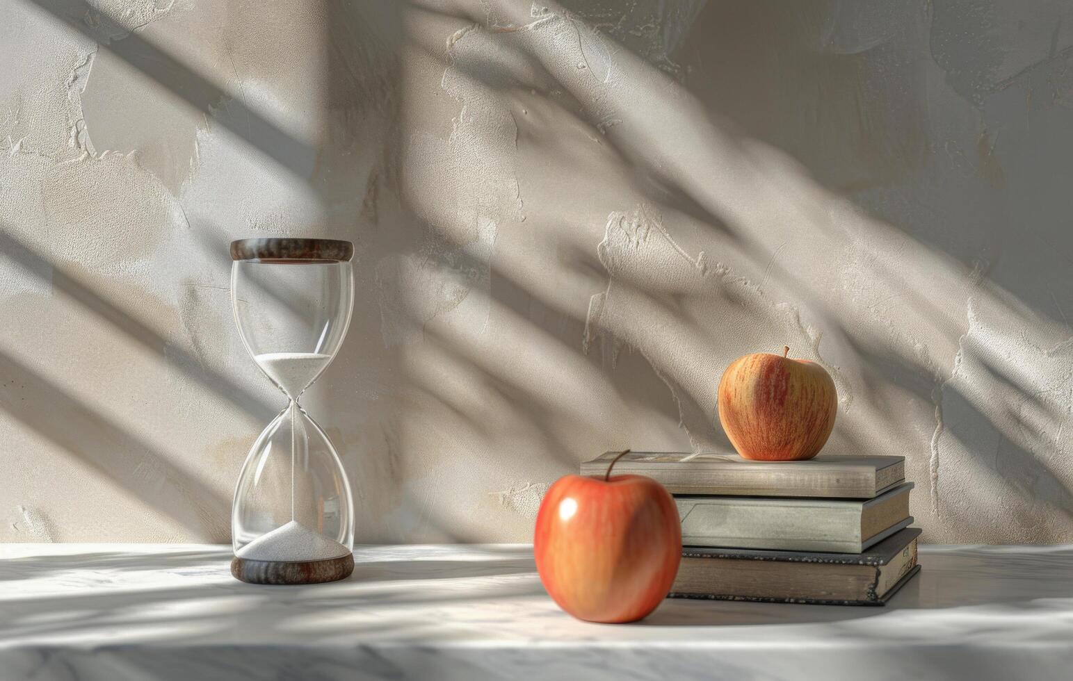 A Still Life With A Red Apple, An Hourglass, And A Branch Of Foliage In Sunlight photo