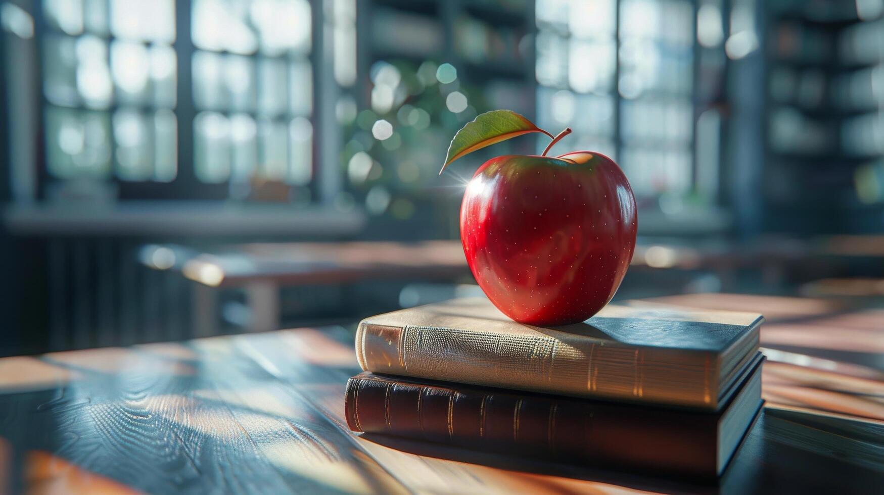 A Red Apple Rests Atop Two Books In A Library Setting photo