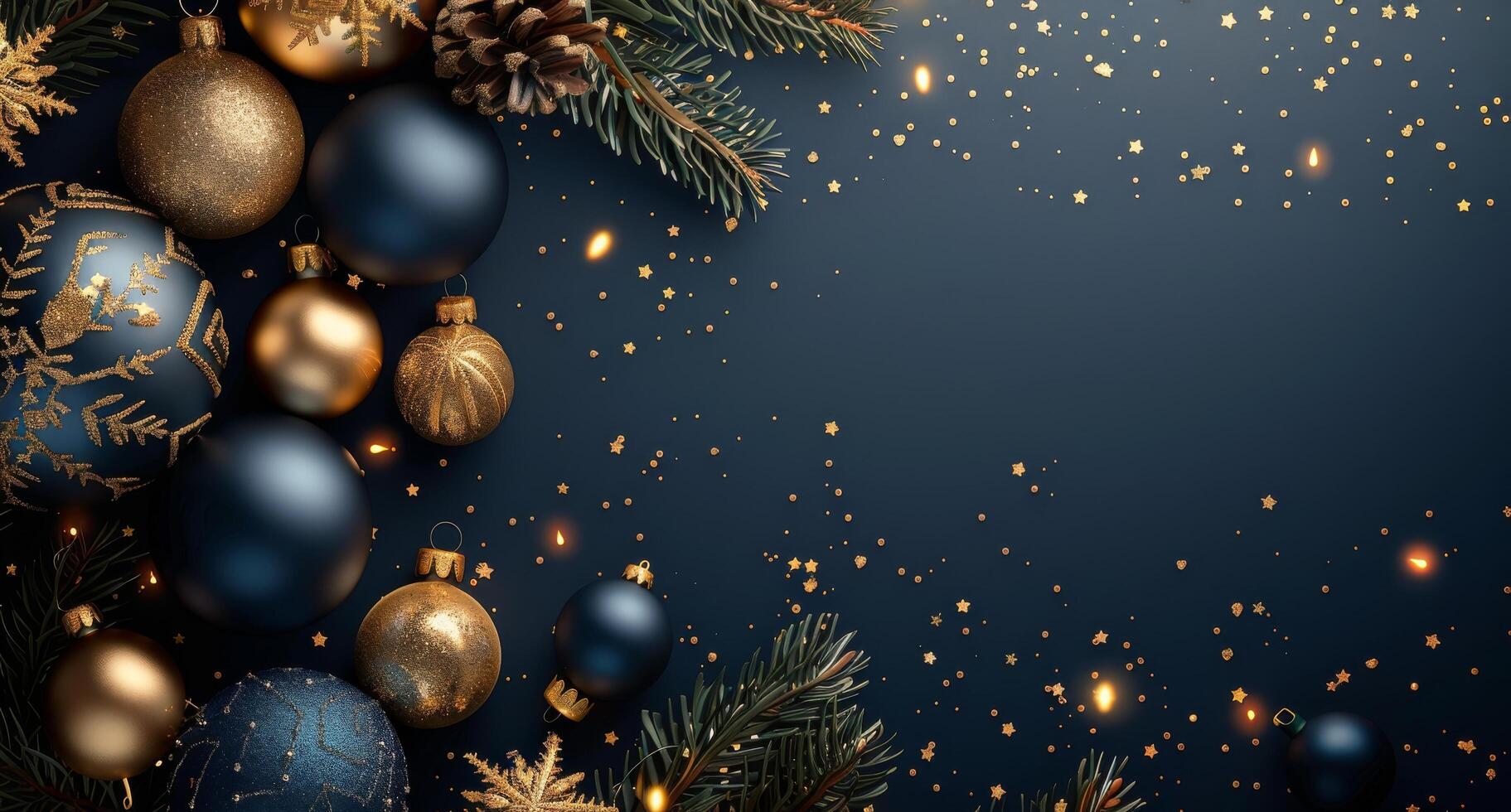 Blue and Gold Christmas Ornaments With Pine Sprigs on Dark Blue Background photo
