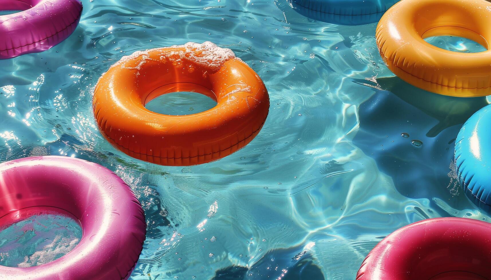 Pink And Orange Inflatable Ring Floating In Pool Water On Summer Day photo