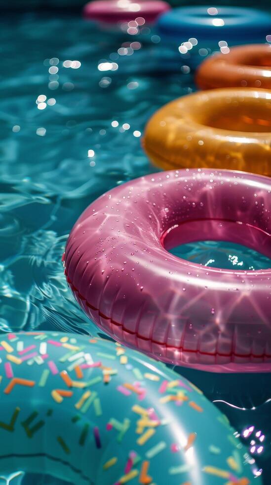 Colorful Inflatable Rings Floating in a Pool on a Sunny Day photo