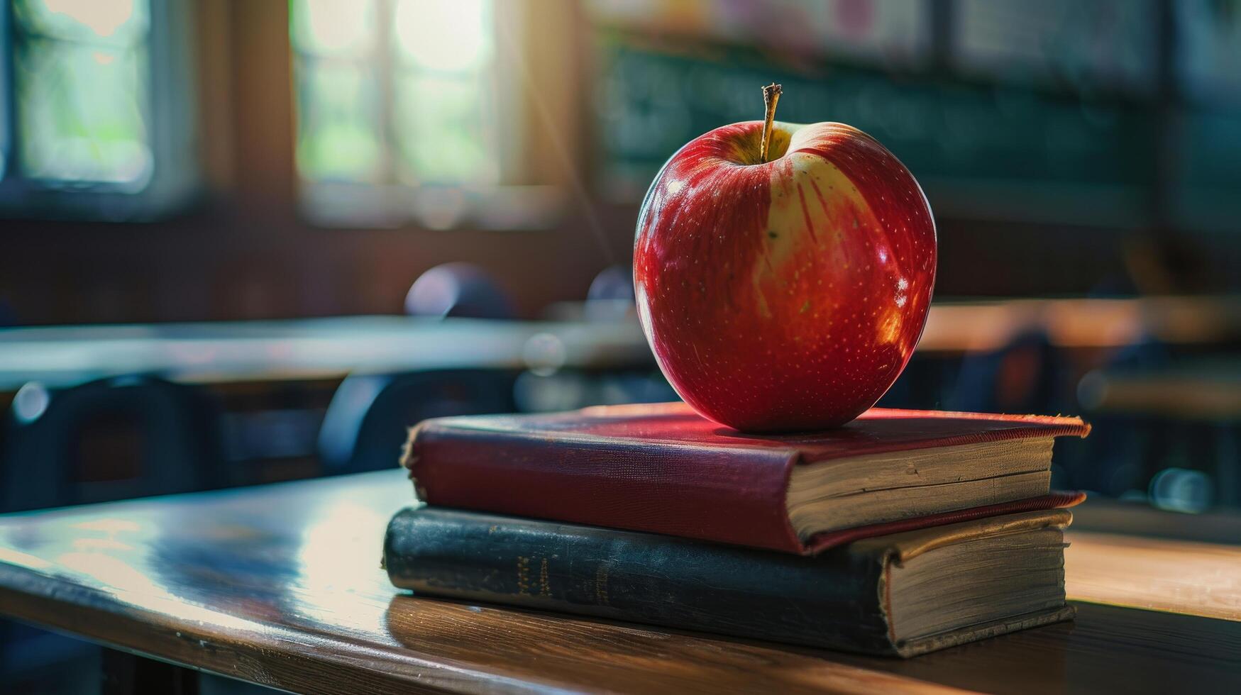 Red Apple on Top of Books in Empty Classroom photo