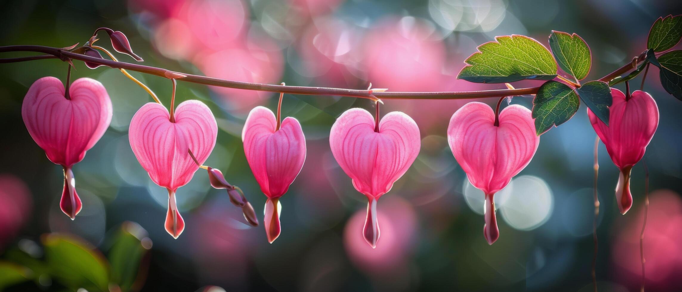 Pink Bleeding Heart Flowers Hanging on Branch in Sunlight photo