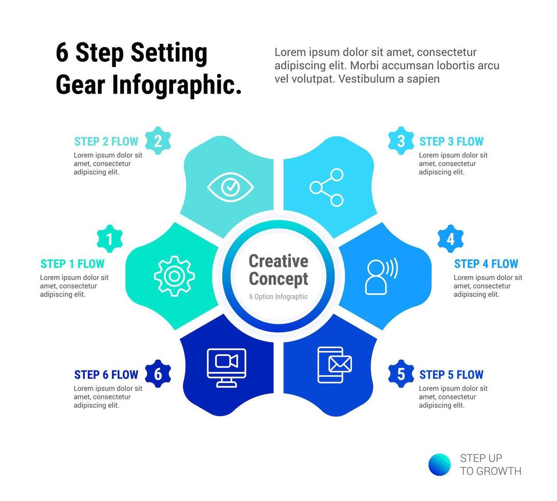 6 Step Setting Gear Infographic template, gear with six elements. Parts of the chart with icons and numbers. vector