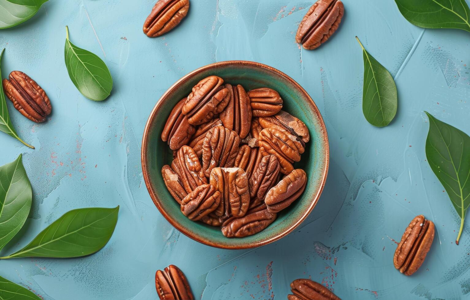 Bowl of Pecan Nuts With Green Leaves on a Blue Background photo