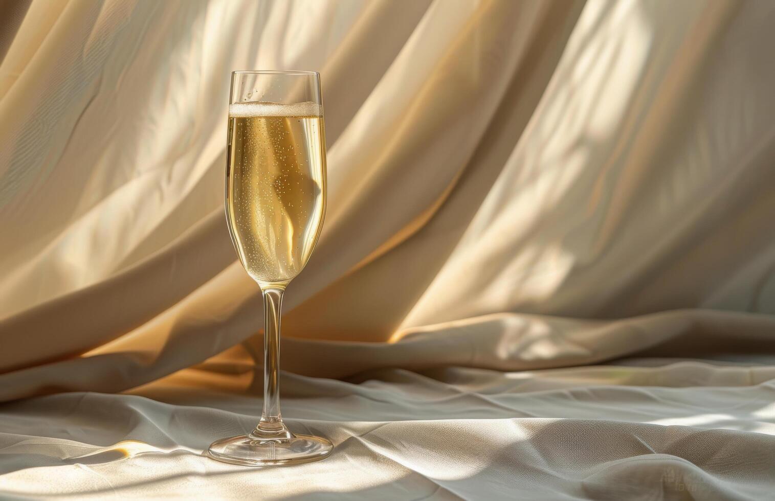 Single Glass of Champagne on a White Table With a Blurry Background of Curved Lines photo