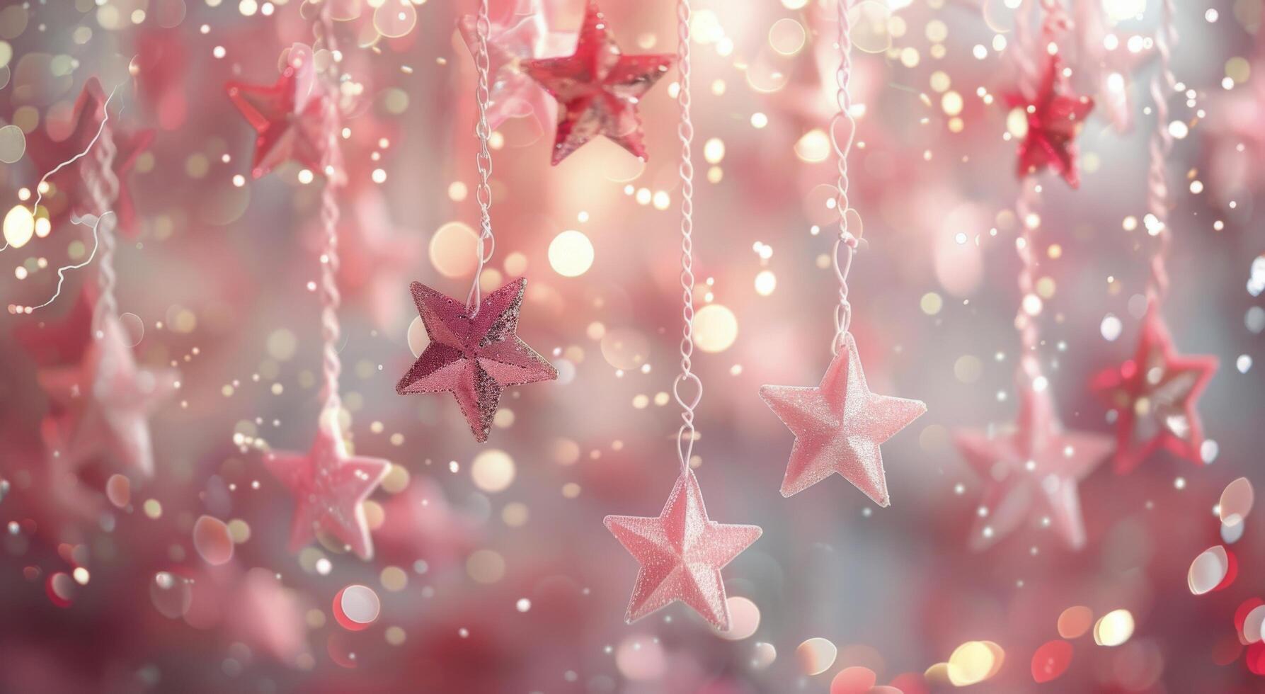 Pink Star Ornaments Hanging On Christmas Tree photo