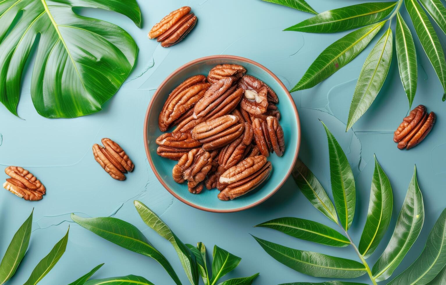 Bowl of Pecan Nuts With Green Leaves on a Blue Background photo