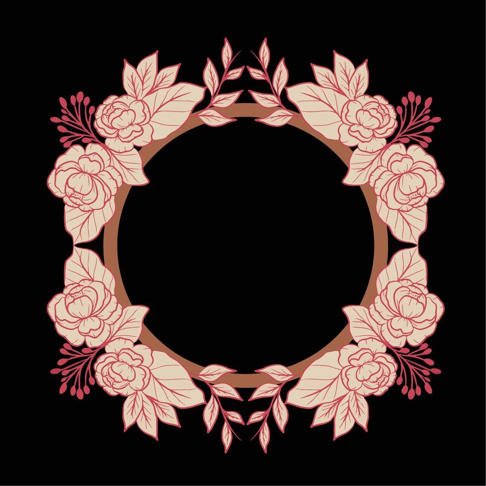 Hand Drawn Floral frame border with red line art and black background vector