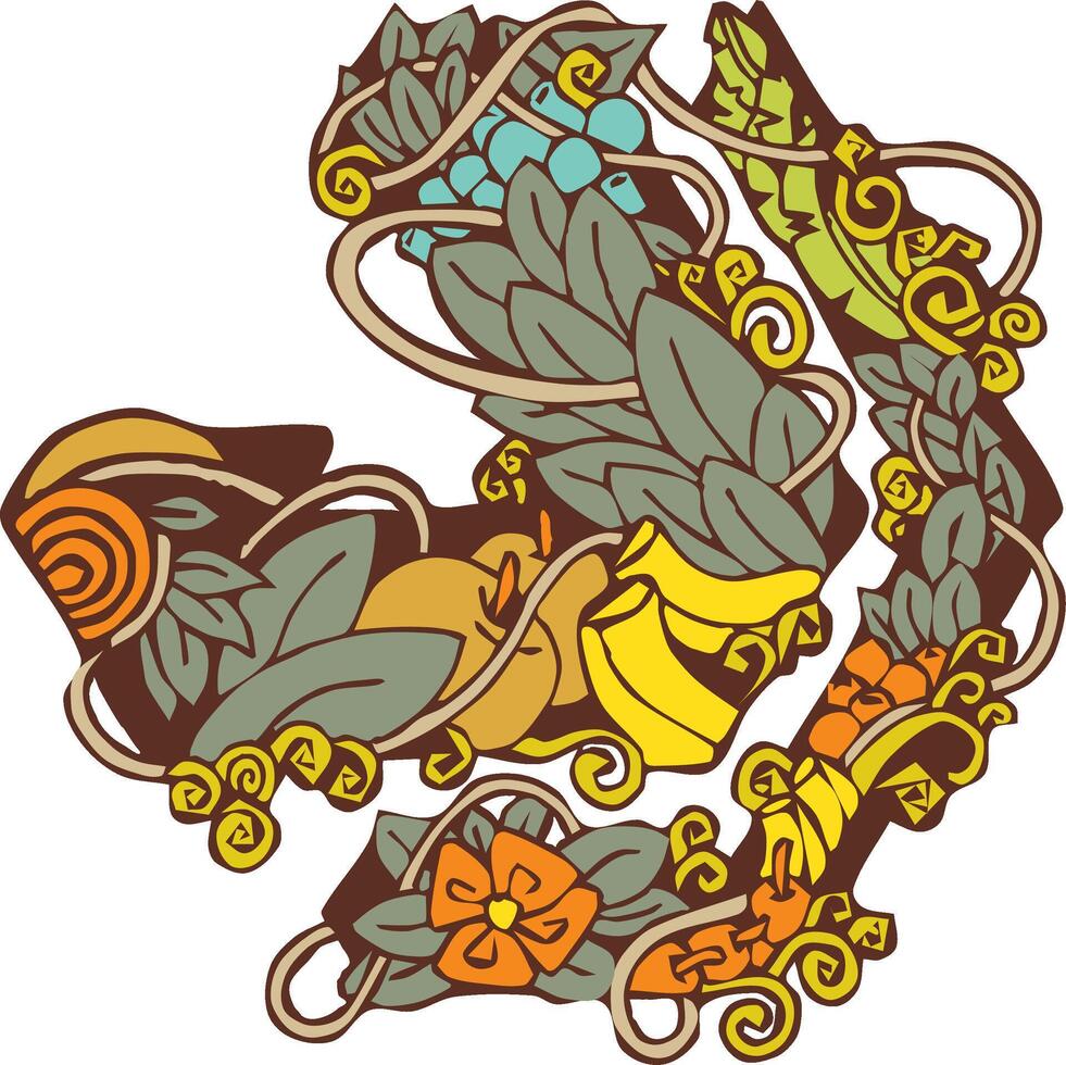 right arrow icon with earth color for outline, and tropical jungle color palette for the items and small flower and fruit as elements inside the main shape of the arrow vector