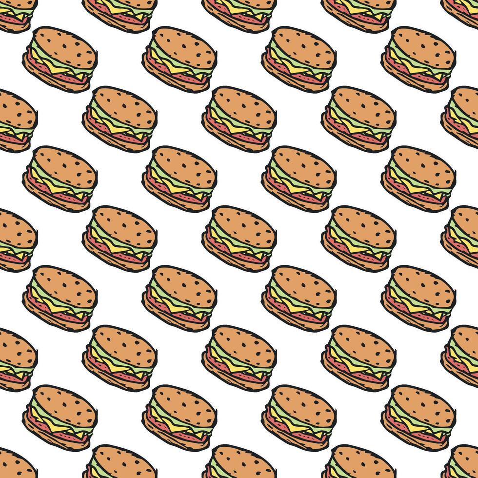Seamless burger pattern. Drawn hamburger background. Doodle hand drawn hamburger illustration vector