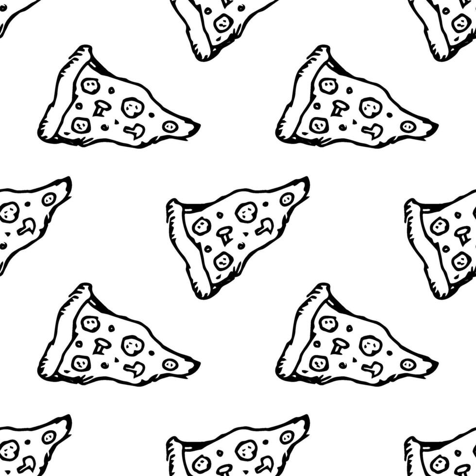 Seamless pizza pattern. Doodle pizza background. Hand drawn illustration with pizza icons. Fast food pattern vector