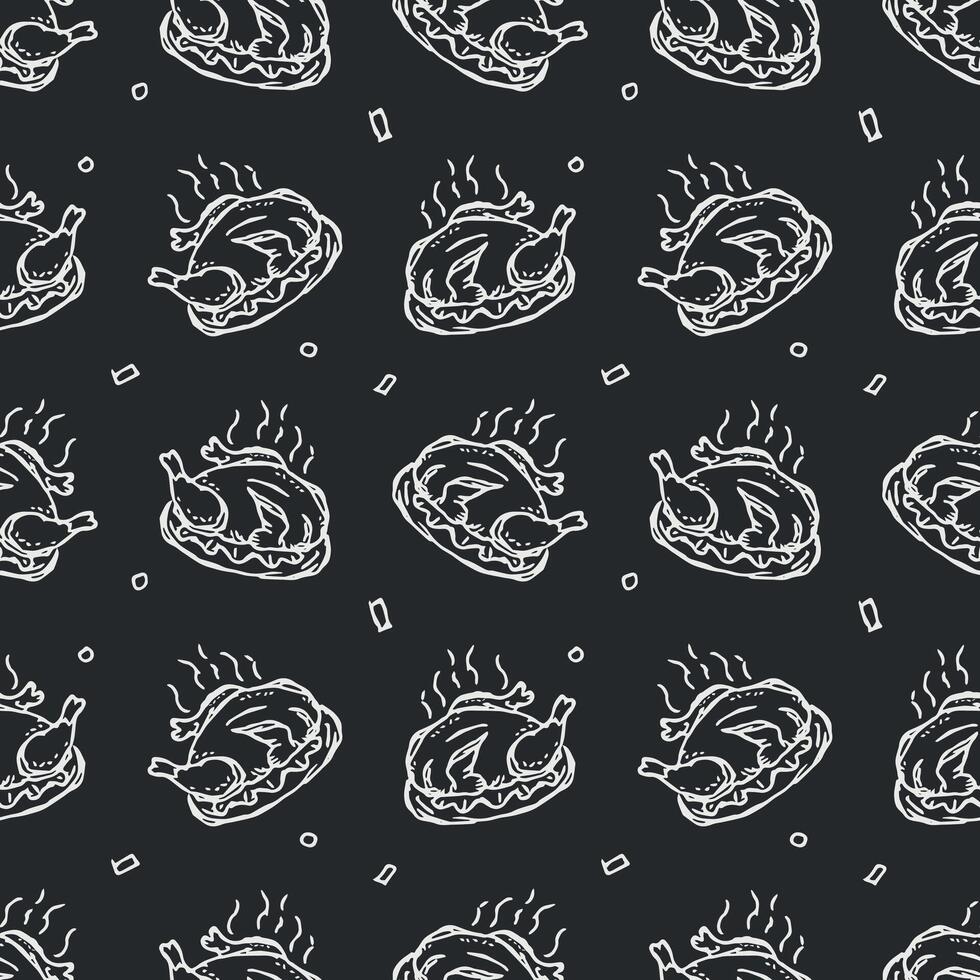 Seamless baked turkey pattern. Drawn baked turkey background. Doodle hand drawn turkey illustration vector