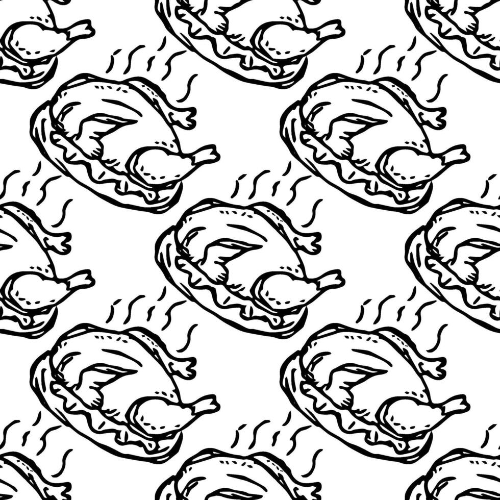 Seamless baked turkey pattern. Drawn baked turkey background. Doodle hand drawn turkey illustration vector