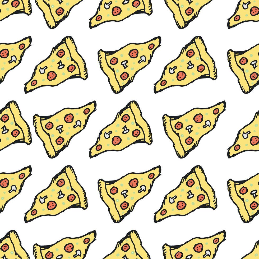 Seamless pizza pattern. Doodle pizza background. Hand drawn illustration with pizza icons. Fast food pattern vector