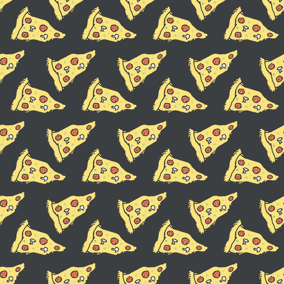 Seamless pizza pattern. Doodle pizza background. Hand drawn illustration with pizza icons. Fast food pattern vector