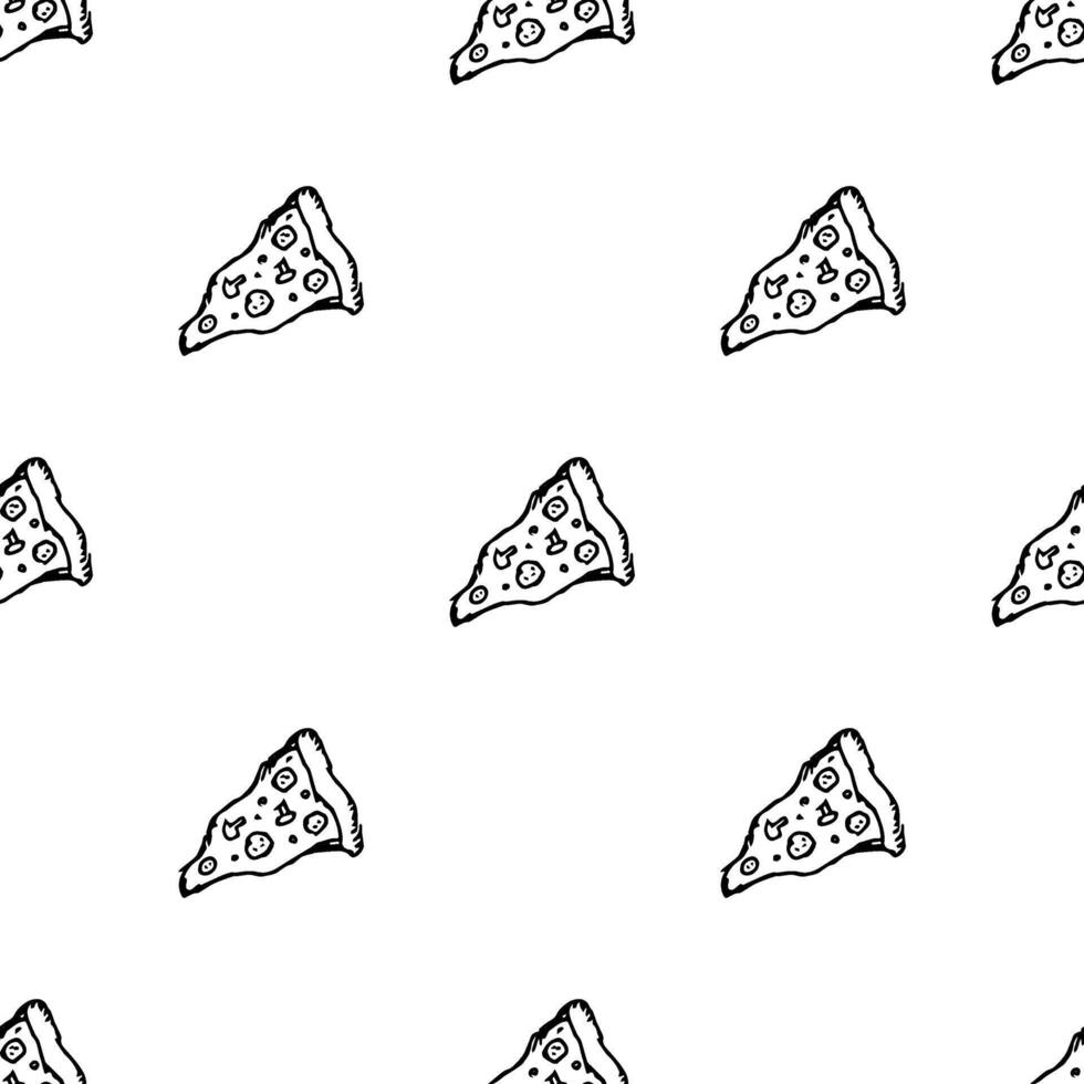 Seamless pizza pattern. Doodle pizza background. Hand drawn illustration with pizza icons. Fast food pattern vector